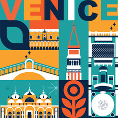 Venice culture travel set, famous architectures and specialties in flat design. Business travel and tourism concept isolated on white background. Image for presentation, banner, website, app, advert