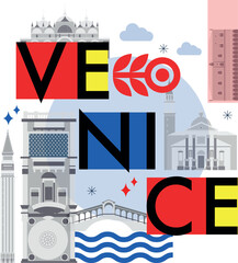 Venice culture travel set, famous architectures and specialties in flat design. Business travel and tourism concept isolated on white background. Image for presentation, banner, website, app, advert