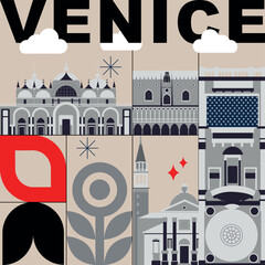 Venice culture travel set, famous architectures and specialties in flat design. Business travel and tourism concept isolated on white background. Image for presentation, banner, website, app, advert