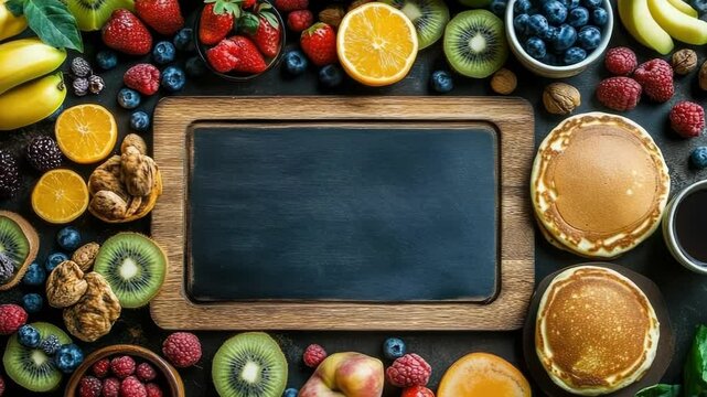 Flat lay of delicious breakfast with pancakes, fresh fruits, coffee arranged around a chalkboard, ideal for menu design, restaurant promotion, or healthy breakfast advertisement. Copy space, banner