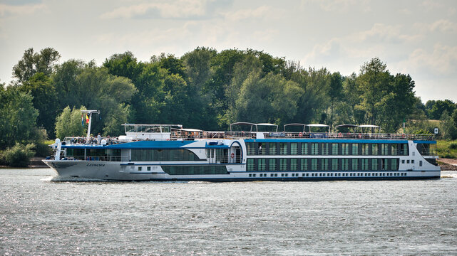 River cruise ship Leonora on the Rhine near Tolkamer heading to Germany