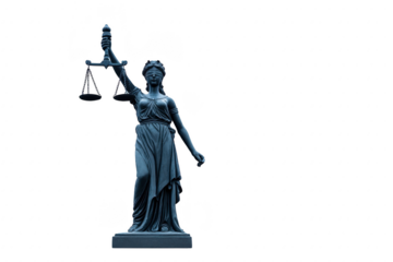 Statue of Lady Justice stands with blindfold, holding scales and sword, symbolizing fairness and impartiality in legal system. figure is depicted in classical style