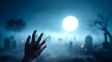 Zombie hand rising out of a graveyard in a foggy night with full moon
