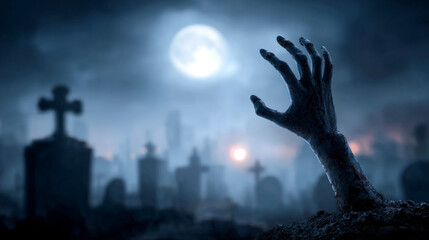 Zombie hand rising out of a graveyard in a foggy night with full moon