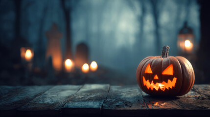 Glowing scary halloween pumpkin in front of a blurry cemetery with candles