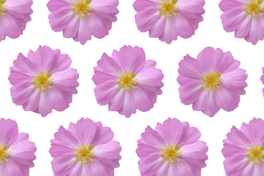 Pink cosmos flowers with yellow centers are arranged seamless pattern transparency background, creating vibrant and cheerful design. repetitive floral motif adds touch of elegance and nature - Powered by Adobe
