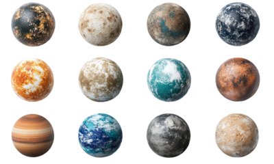 Diverse planetary surfaces space exploration isolated on transparent background.