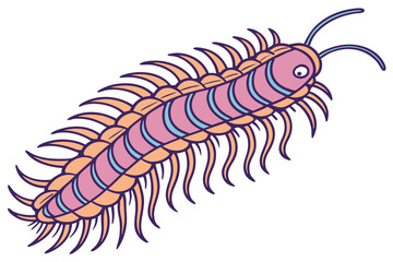 A whimsical centipede with cute eyes and many legs is shown against white