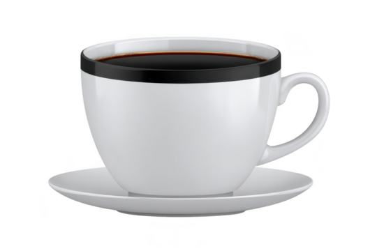 White ceramic cup filled with black coffee sits on matching saucer, creating minimalist and elegant presentation. simple design highlights rich, dark beverage, inviting moment of relaxation