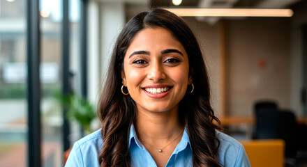 Portrait of a Smiling Young Indian Woman in Her 20s with Gold Hoop Earrings Indoors