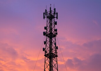 Telecommunication tower at sunset providing wireless communication and cellular network signal for mobile devices