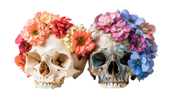 Human skulls adorned with colorful flowers representing life and death art piece isolated on transparent background.