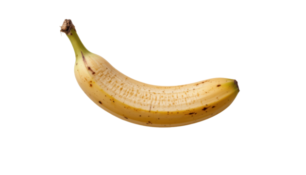 a yellow fruit is displayed against a stark, black background. the curved fruit shows some small, brown spots along its peel. the very tip of the fruit has a stem