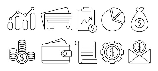 Finance web icon set. Financial planning and profit, business management, credit cards and banking, saving and money management. Investment fund. Vector line illustration.