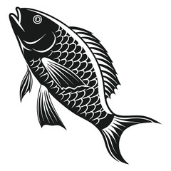A solitary black fish with detailed scales swims upwards in monochrome simplicity