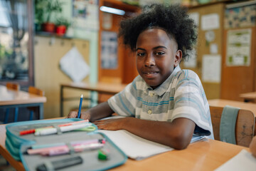 Elementary school student drawing in classroom during lesson
