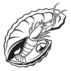 Monochrome shrimp sits on a seashell with its antennae curved gracefully up