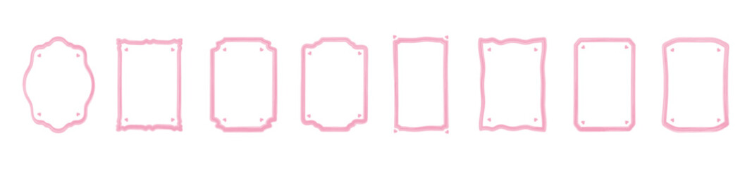 Love doodle frame set with hand-drawn pink hearts, romantic shield, and elegant watercolor style—minimalist Valentine’s or wedding card design, perfect for coquette love-themed invitations and prints.