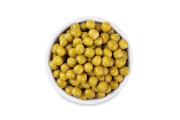 Canned green peas in a white bowl on a white isolated background