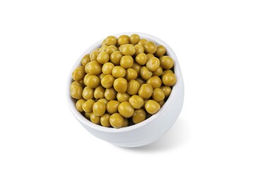 Canned green peas in a white bowl on a white isolated background