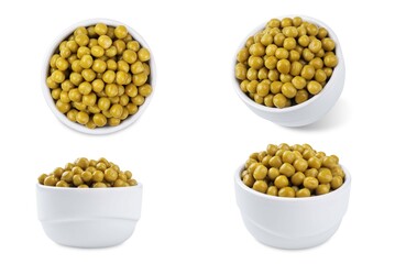 Canned green peas in a white bowl on a white isolated background