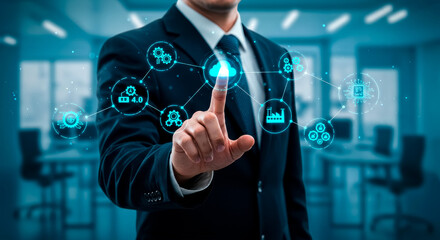 Industry 4.0 Executive Integrating Cloud Computing for Smart Manufacturing, Featuring Gears, Analytics, and Data Science Innovations