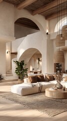 Cozy Living Room With Natural Decor and Wooden Staircase Illuminated by Soft Daylight.