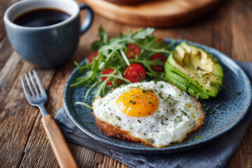 Delicious breakfast with fried egg, avocado and arugula salad with coffee