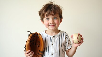 Young boy smiling while holding a baseball and a baseball glove