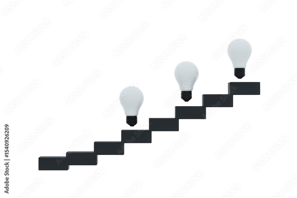 Poster three light bulbs are arranged on diagonal staircase, symbolizing innovation and progress. bulbs are