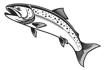 Black and white line art shows a salmon swimming with detailed fins and spots