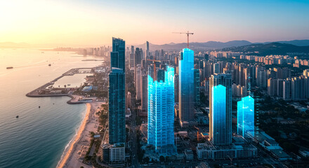 Skyline Metropolis: A visionary urban skyline showcases modern city architecture, bright digital future overlays, and vibrant coastal cityscape.