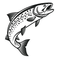 Monochrome salmon fish jumps dynamically, showcasing detailed fins and distinctive spotted markings elegantly
