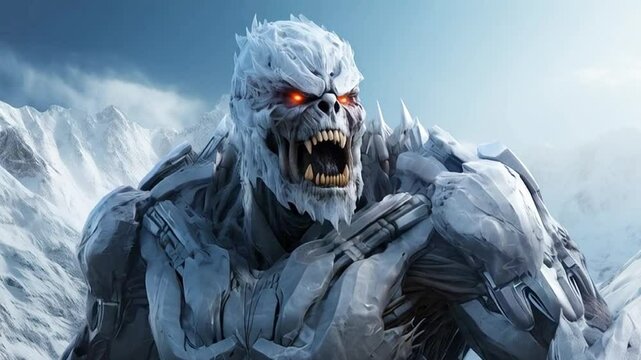 Ice monster in snowy mountain landscape. Fantasy concept