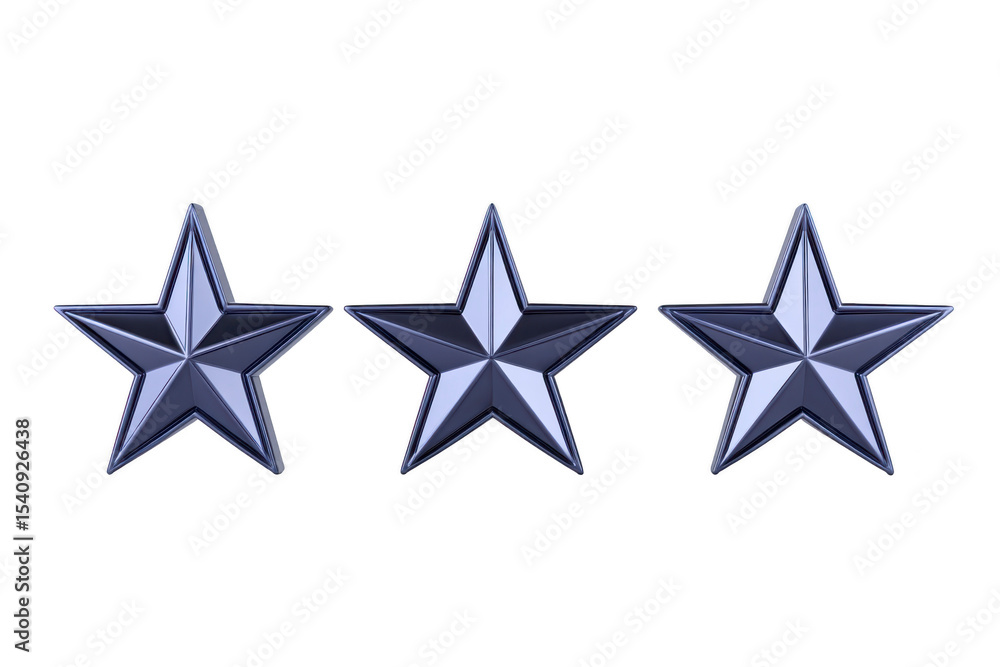 Poster three metallic stars with shiny, reflective surface are aligned in row, creating symmetrical and bal