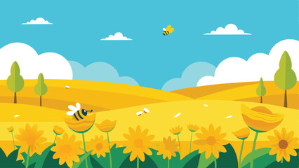 Whimsical summer landscape with bees and sunflowers under a bright blue sky