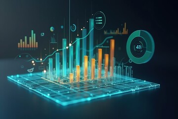 Data visualization with bar graphs and charts on a grid.