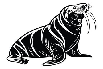 Detailed walrus art with bold lines poses gracefully, looking up to its surroundings