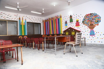 Colorful modern Kindergarten Classroom Interior with Educational Decor and Furniture for Kids in school