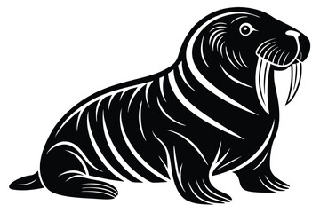 Stylized black walrus sits calmly, featuring prominent tusks and contrasting white markings
