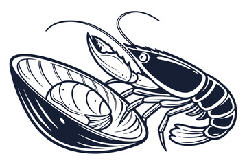 Simple monochrome drawing showcases a shrimp and opened mussel with an elegant nautical aesthetic