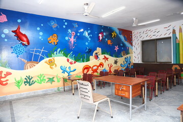 Colorful modern Kindergarten Classroom Interior with Educational Decor and Furniture for Kids in school