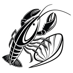 Bold monochrome lobster presents intricate claw and tail detailing against a clean white background