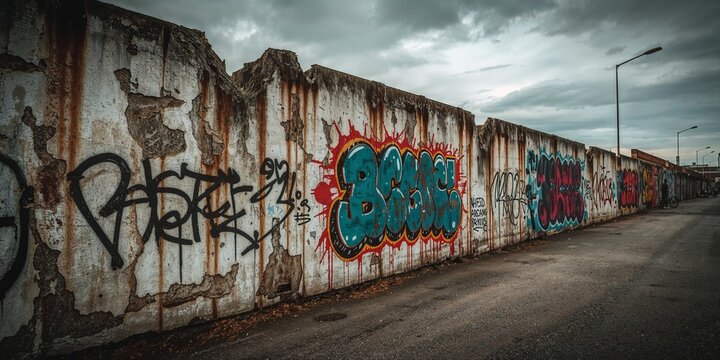Graffiti art adorns the weathered wall in an urban landscape. - Powered by Adobe