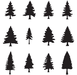 Tree silhouette, Christmas tree clip art. Winter Holiday Symbols. Spruce tree, ink plant sketch, hand drawing. Design EPS 10