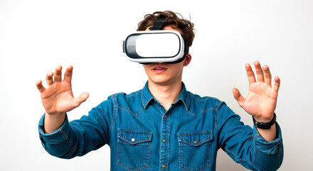 Man in his 20s experiencing immersive virtual reality with a modern headset indoors, reaching out in the metaverse