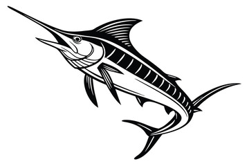 Majestic marlin swims powerfully, a striking silhouette in the ocean depths, outlined in black and white
