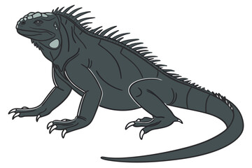 Massive dark iguana is standing quietly, showcasing its sharp dorsal spines and unique skin