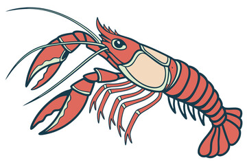 A vibrant red crawfish illustration with light accents and an outlined appearance displays clearly