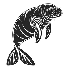 Stylized black manatee gracefully swims forward, showcasing detailed linework across its body against a white backdrop
